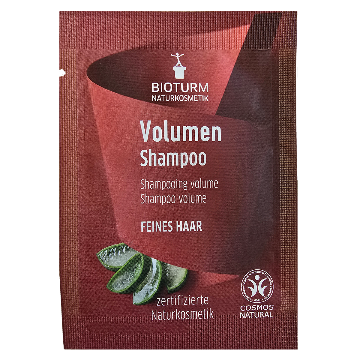 Eine Darstellung des Probesachets des Volumen Shampoo: Die Verpackung zeigt Stärkt kraftloses oder feines Haar ohne Volumen und sorgt für einen strahlenden Glanz.