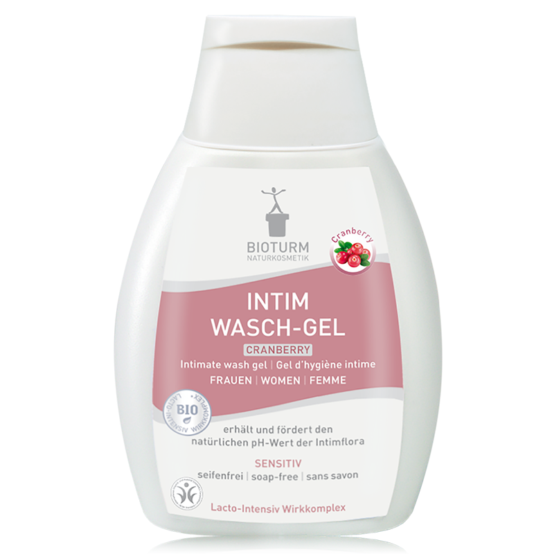 Eine Darstellung des Intim Wasch-Gel Cranberry Nr.91: Die Verpackung zeigt Milde Reinigung des Intimbereichs mit der Kraft der Cranberry - in der wiederverschließbaren Flasche perfekt auch für unterwegs.