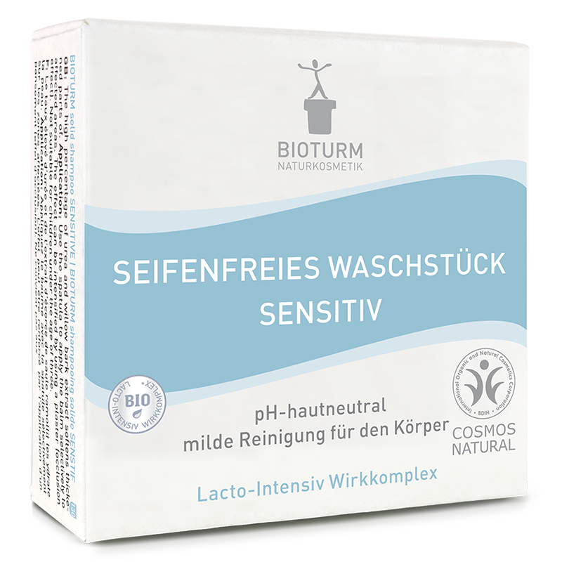 Eine Darstellung des Seifenfreien Waschstück sensitiv Nr.130: Die Verpackung zeigt Ergiebiges Waschstück für die tägliche, milde und pH-hautneutrale Reinigung des Körpers.