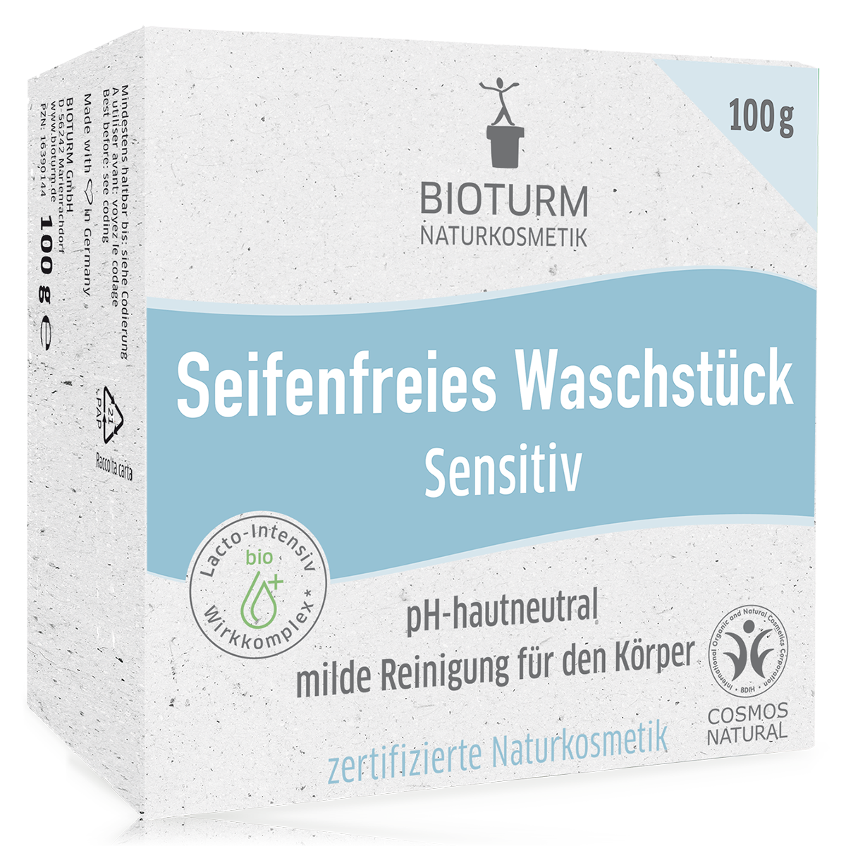 Eine Darstellung des Seifenfreien Waschstück sensitiv Nr.130: Die Verpackung zeigt Ergiebiges Waschstück für die tägliche, milde und pH-hautneutrale Reinigung des Körpers.