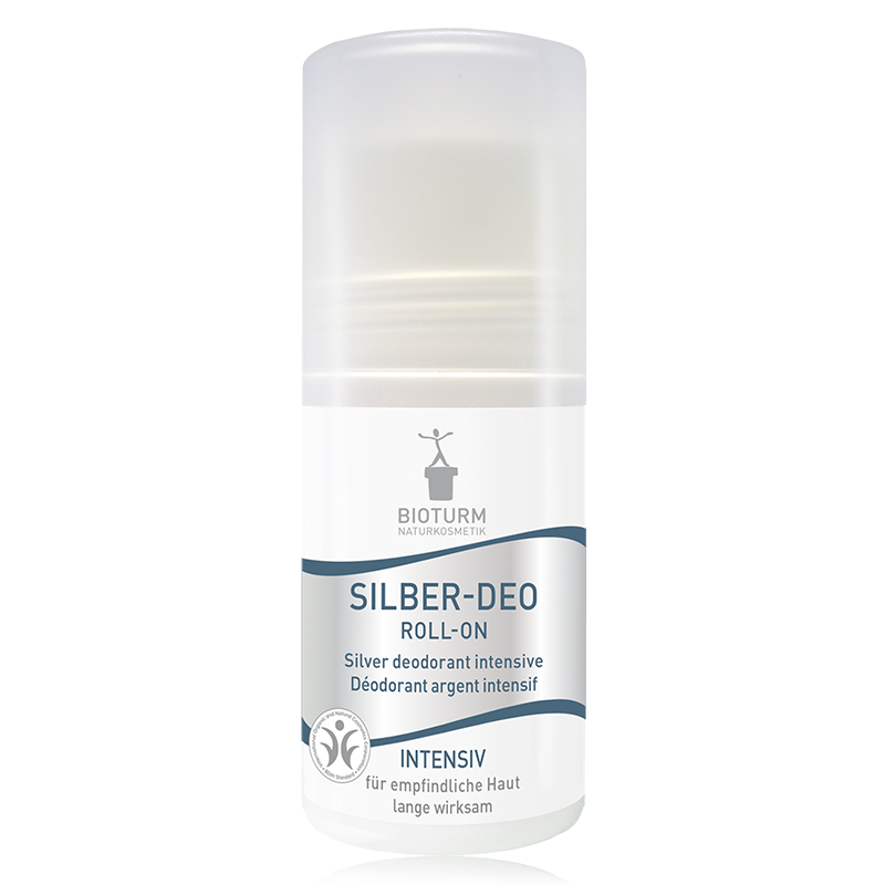 Eine Darstellung des Silber-Deo Intensiv Roll-On: Die Verpackung zeigt Sorgt effektiv für eine Verringerung der Schweißbildung - mit zartem Duft.