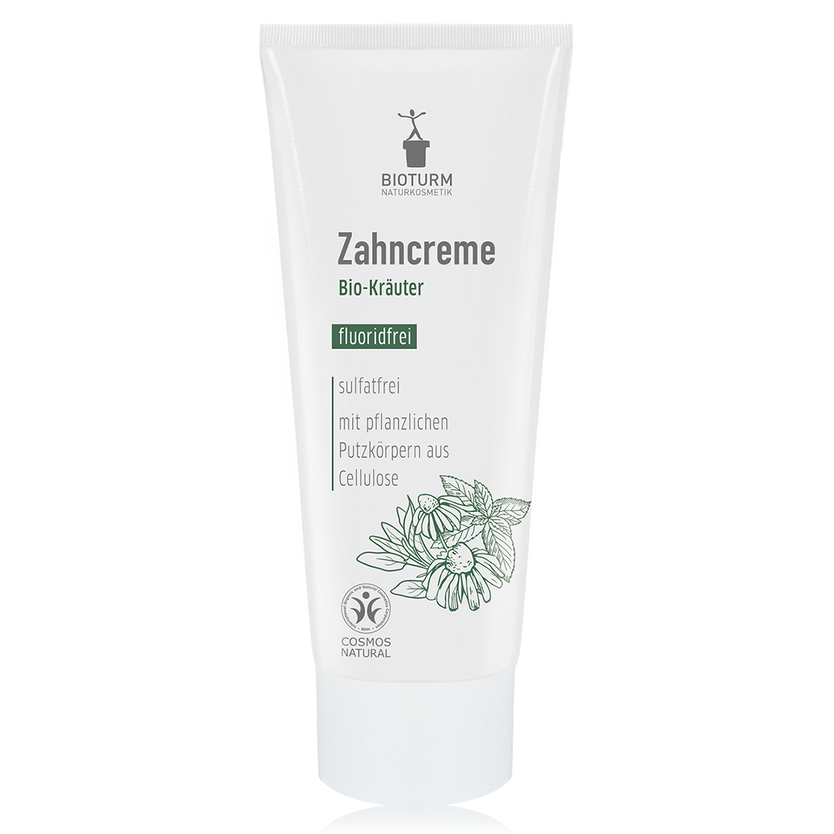 Eine Darstellung der Zahncreme Bio-Kräuter: Die Verpackung zeigt Sulfatfreie Zahnreinigung OHNE Fluorid.