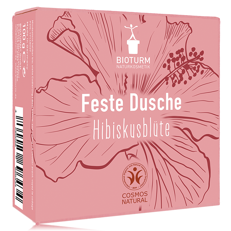 Eine Darstellung der Festen Dusche Hibiskusblüte Nr.137: Die Verpackung zeigt Blumig duftendes und seifenfreies Feststück für eine sanfte Reinigung der Haut.