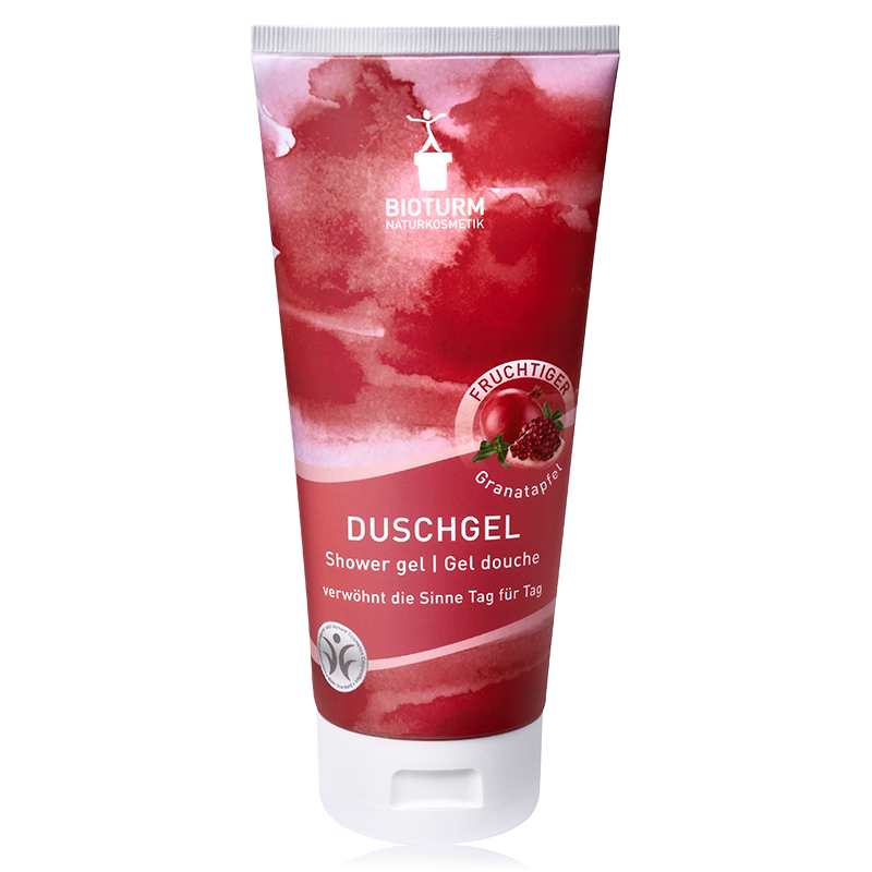 Eine Darstellung des Duschgel Granatapfel Nr.71: Die Verpackung zeigt Belebendes Duscherlebnis mit dem fruchtigen Duft von Granatapfel.